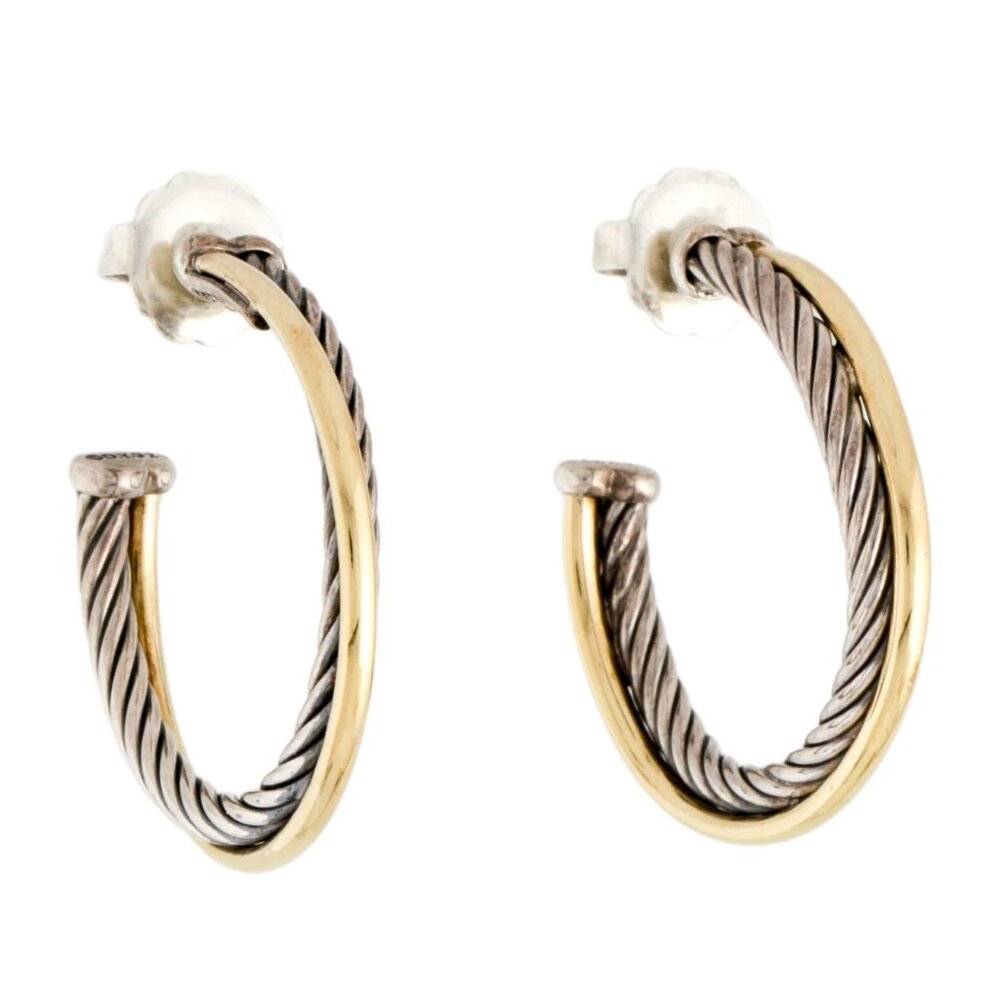 David Yurman Two-Tone Crossover Hoop Earrings Silver Gold Rare